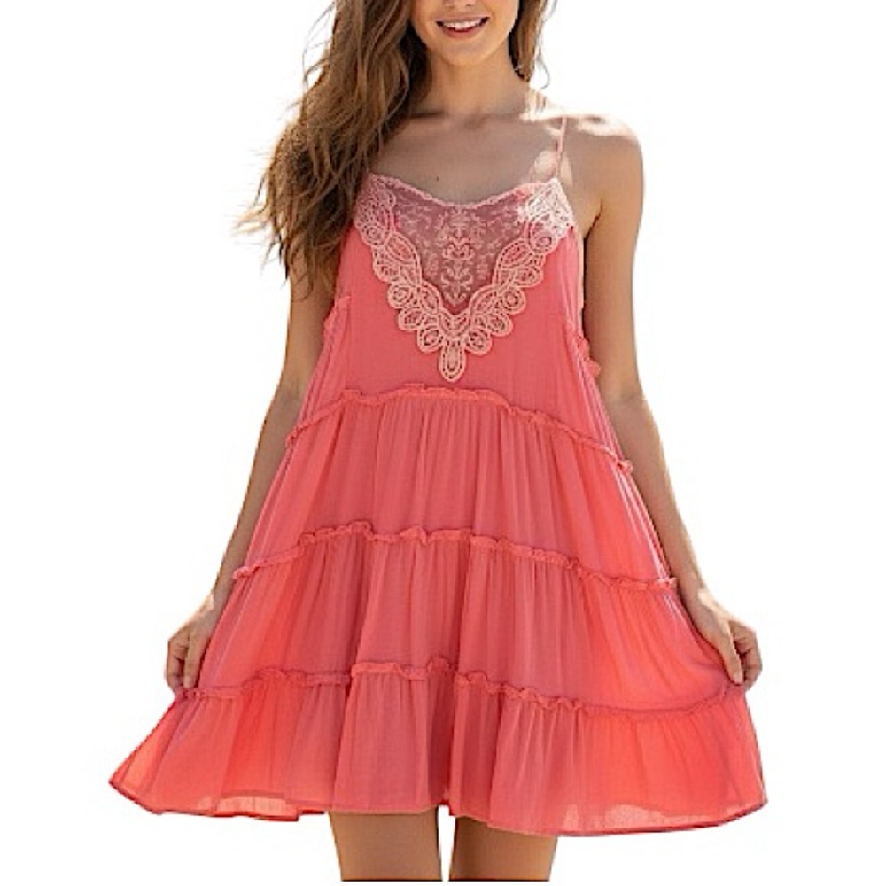 Maddy K Embroidered Lace Mesh Tiered Ruffle Mini Tunic Dress Coral Boho Beach - Picture 16 of 16